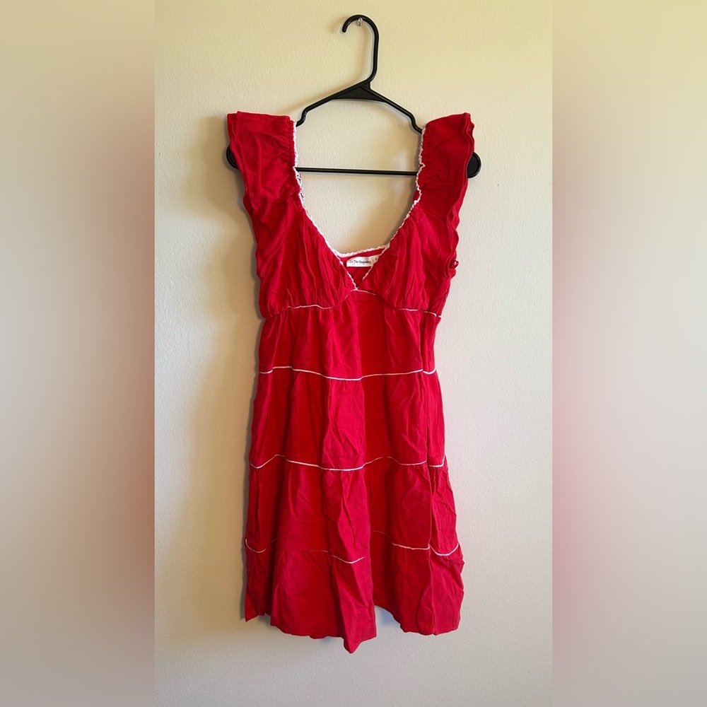 NanaMacs Vineyard Strolls Ruffle Tiered Babydoll Mini Dress Red White Medium